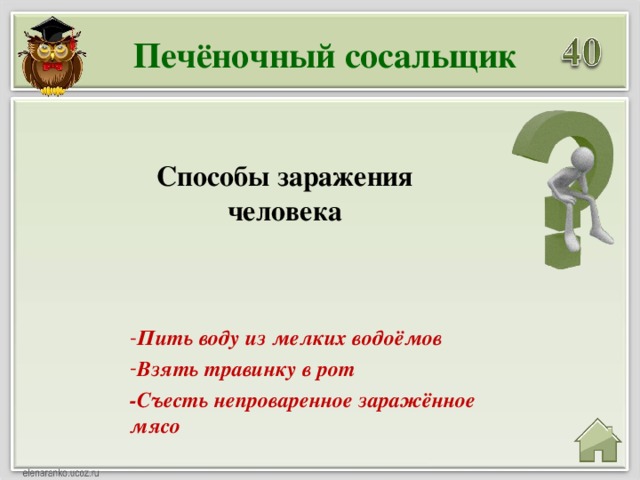 Печёночный сосальщик Способы заражения человека Пить воду из мелких водоёмов Взять травинку в рот -Съесть непроваренное заражённое мясо