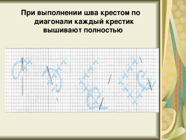 При выполнении шва крестом по диагонали каждый крестик вышивают полностью