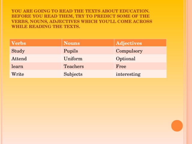YOU ARE GOING TO READ THE TEXTS ABOUT EDUCATION. BEFORE YOU READ THEM, TRY TO PREDICT SOME OF THE VERBS, NOUNS, ADJECTIVES WHICH YOU‘LL COME ACROSS WHILE READING THE TEXTS. Verbs Nouns Study Adjectives Pupils Attend Uniform Compulsory learn Optional Teachers Write Subjects Free interesting