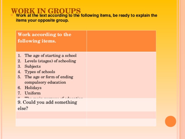 WORK IN GROUPS Work at the text according to the following items, be ready to explain the items your opposite group. Work according to the following items. The age of starting a school Levels (stages) of schooling Subjects Types of schools The age or form of ending compulsory education Holidays Uniform The main purpose of education 9. Could you add something else?