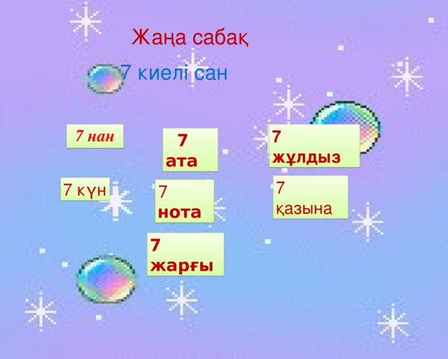 Жаңа сабақ 7 киелі сан 7 ж ұ лдыз 7 нан 7+1 =  7 ата 7+3= 7+2= 7 қазына 7 күн 7+6 7+4 7 нота 7+5 7+7 7 жарғы