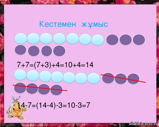 Кестемен жұмыс 7+7=(7+3)+4=10+4=14 14-7= (14-4)-3 =10-3=7