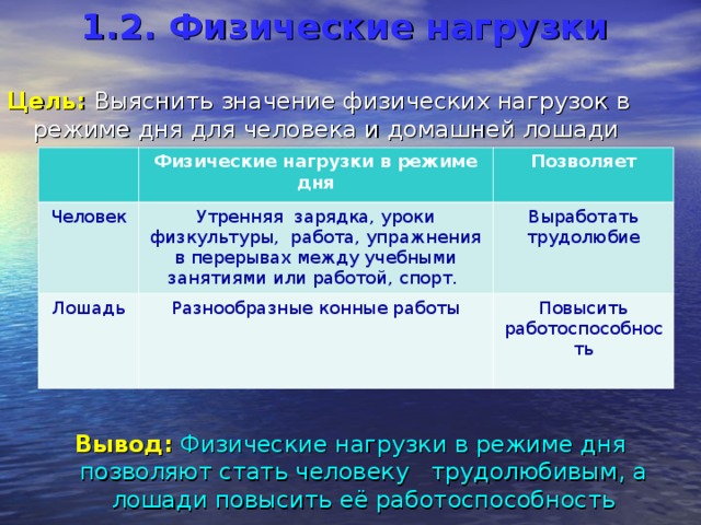 1.2. Физические нагрузки  Цель:  Выяснить значение физических нагрузок в режиме дня для человека и домашней лошади   Вывод:  Физические нагрузки в режиме дня позволяют стать человеку трудолюбивым, а лошади повысить её работоспособность Физические нагрузки в режиме дня Человек Позволяет Утренняя зарядка, уроки физкультуры, работа, упражнения в перерывах между учебными занятиями или работой, спорт. Лошадь Разнообразные конные работы Выработать трудолюбие Повысить работоспособность