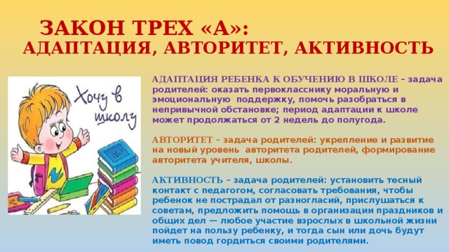 ЗАКОН ТРЕХ «А»:  АДАПТАЦИЯ, АВТОРИТЕТ, АКТИВНОСТЬ   АДАПТАЦИЯ РЕБЕНКА К ОБУЧЕНИЮ В ШКОЛЕ – задача родителей: оказать первокласснику моральную и эмоциональную  поддержку, помочь разобраться в непривычной обстановке; период адаптации к школе может продолжаться от 2 недель до полугода.   АВТОРИТЕТ – задача родителей: укрепление и развитие на новый уровень авторитета родителей, формирование авторитета учителя, школы.   АКТИВНОСТЬ – задача родителей: установить тесный контакт с педагогом, согласовать требования, чтобы ребенок не пострадал от разногласий, прислушаться к советам, предложить помощь в организации праздников и общих дел — любое участие взрослых в школьной жизни пойдет на пользу ребенку, и тогда сын или дочь будут иметь повод гордиться своими родителями.