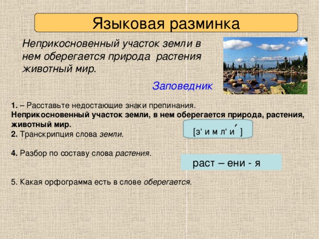 Языковая разминка Неприкосновенный участок земли в нем оберегается природа растения животный мир . Заповедник 1. Неприкосновенный участок земли, в нем оберегается природа, растения, животный мир. 2. земли  4. растения оберегается. [ з ‘ и м л ‘ и ′  ]  раст – ени - я