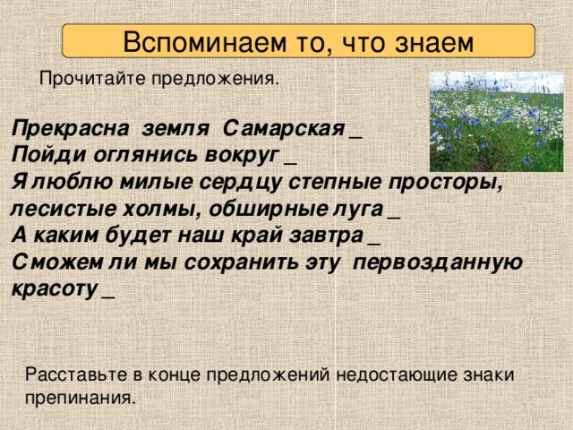 Вспоминаем то, что знаем Прочитайте предложения. Прекрасна земля Самарская _ Пойди оглянись вокруг _ Я люблю милые сердцу степные просторы, лесистые холмы, обширные луга _ А каким будет наш край завтра _ Сможем ли мы сохранить эту первозданную красоту _  Расставьте в конце предложений недостающие знаки препинания.