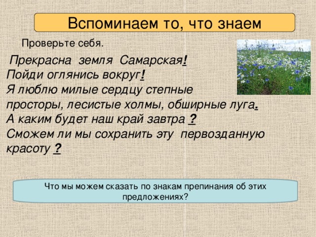 Вспоминаем то, что знаем Проверьте себя.  Прекрасна земля Самарская !  Пойди оглянись вокруг ! Я люблю милые сердцу степные просторы, лесистые холмы, обширные луга . А каким будет наш край завтра ?  Сможем ли мы сохранить эту первозданную красоту  ? Что мы можем сказать по знакам препинания об этих предложениях?