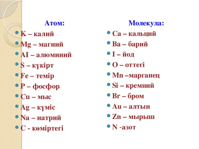 Атом: Молекула: K – калий Mg – магний AI – алюминий S – күкірт Fe – темір P – фосфор Cu – мыс Ag – күміс Na – натрий C - көміртегі Ca – кальций Ba – барий I – йод O – оттегі Mn –марганец Si – кремний Br – бром Au – алтын Zn – мырыш N - азот