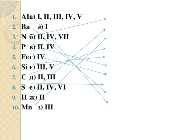 AI     а) I, II, III, IV, V Ba     ә) I N      б) II, IV, VII P      в) II, IV Fe     г) IV Si      ғ) III, V C      д) II, III S      е) II, IV, VI H      ж) II Mn     з) III