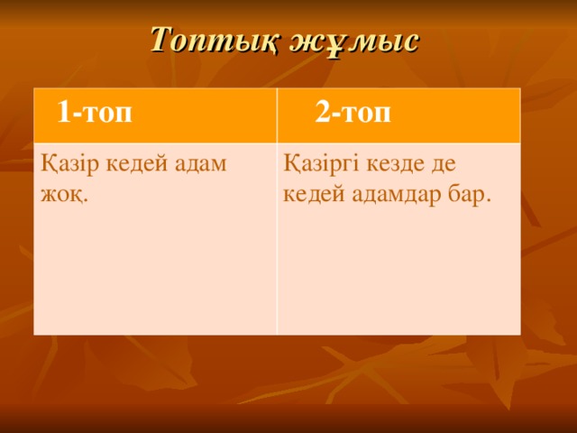 Топтық жұмыс  1-топ  2-топ Қазір кедей адам жоқ. Қазіргі кезде де кедей адамдар бар.