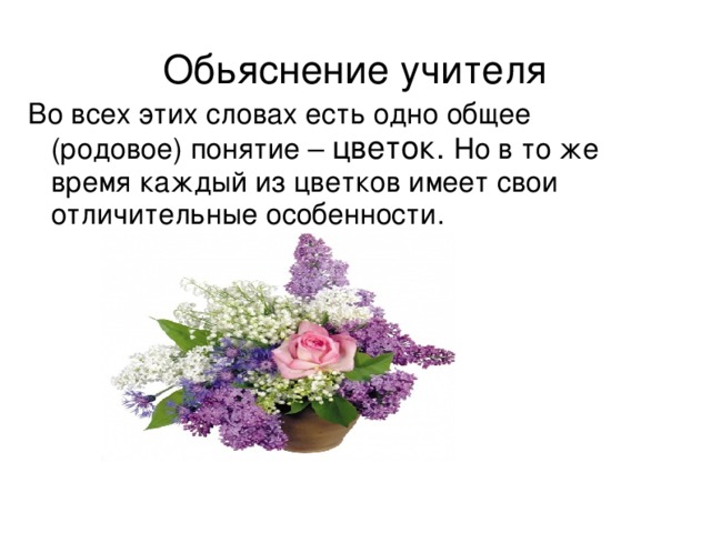 Обьяснение учителя Во всех этих словах есть одно общее (родовое) понятие – цветок. Но в то же время каждый из цветков имеет свои отличительные особенности.