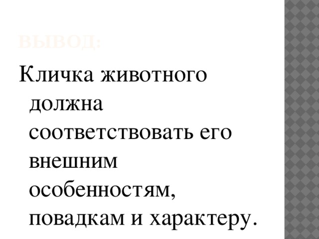 Вывод: Кличка животного должна соответствовать его внешним особенностям, повадкам и характеру.