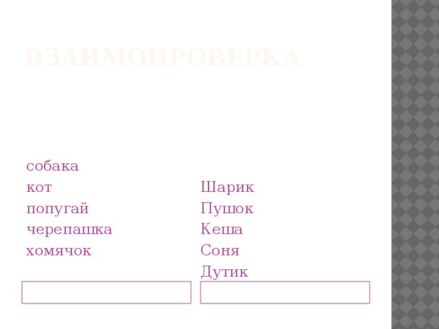 Взаимопроверка собака Шарик кот Пушок попугай Кеша черепашка Соня хомячок Дутик Названия животных Клички животных