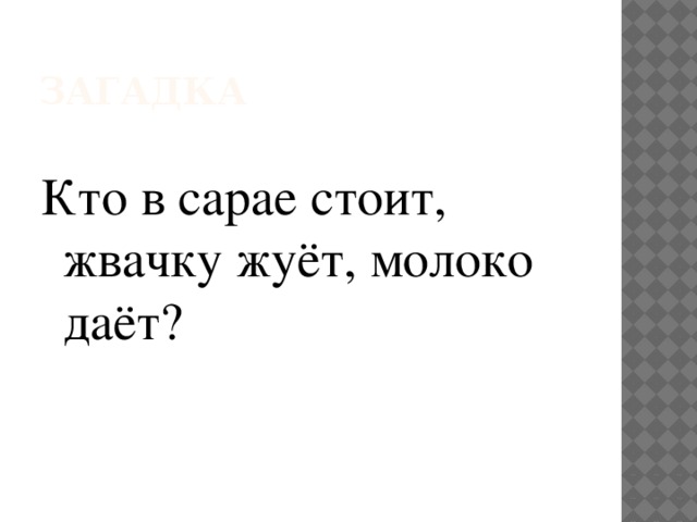 загадка Кто в сарае стоит, жвачку жуёт, молоко даёт?