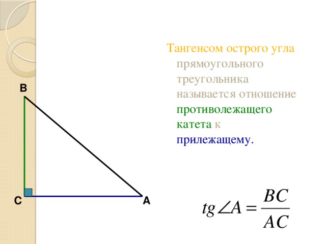 Тангенсом острого угла прямоугольного треугольника называется отношение противолежащего катета к  прилежащему. В С А