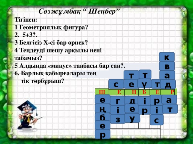 Сөзжұмбақ “ Шеңбер” Тігінен: 1 Геометриялық фигура? 2. 5+3?. 3 Белгісіз Х-сі бар өрнек? 4 Теңдеуді шешу арқылы нені табамыз? 5 Алдында «минус» таңбасы бар сан?. 6. Барлық қабырғалары тең  тік төрбұрыш? к в       т а т ү е с т д Ш Е Ң Б Е Р       е а р г д і ң е т р і і б у з с е р