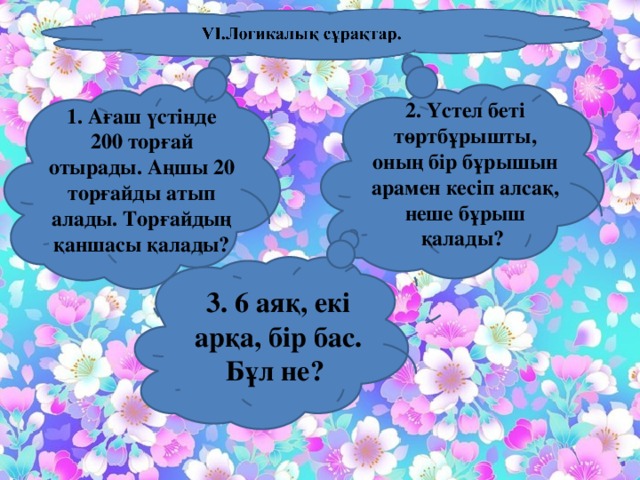 2. Үстел беті төртбұрышты, оның бір бұрышын арамен кесіп алсақ, неше бұрыш қалады? 1. Ағаш үстінде 200 торғай отырады. Аңшы 20 торғайды атып алады. Торғайдың қаншасы қалады? 3. 6 аяқ, екі арқа, бір бас. Бұл не?