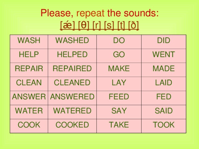 Please, repeat the sounds:  [ǽ] [θ] [r] [s] [t] [ð] WASH WASHED HELP HELPED DO REPAIR CLEAN DID GO REPAIRED CLEANED WENT ANSWER MAKE MADE LAY ANSWERED WATER LAID WATERED COOK FEED COOKED FED SAY SAID TAKE TOOK