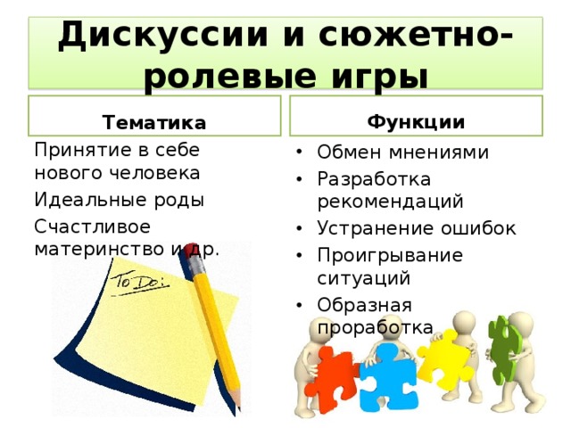 Дискуссии и сюжетно-ролевые игры Тематика Функции Принятие в себе нового человека Идеальные роды Счастливое материнство и др.