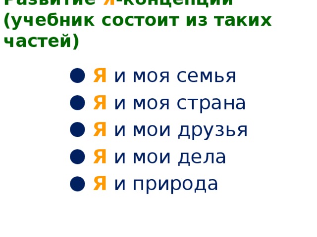 Развитие Я -концепции (учебник состоит из таких частей)  Я и моя семья  Я и моя страна  Я и мои друзья  Я и мои дела  Я и природа