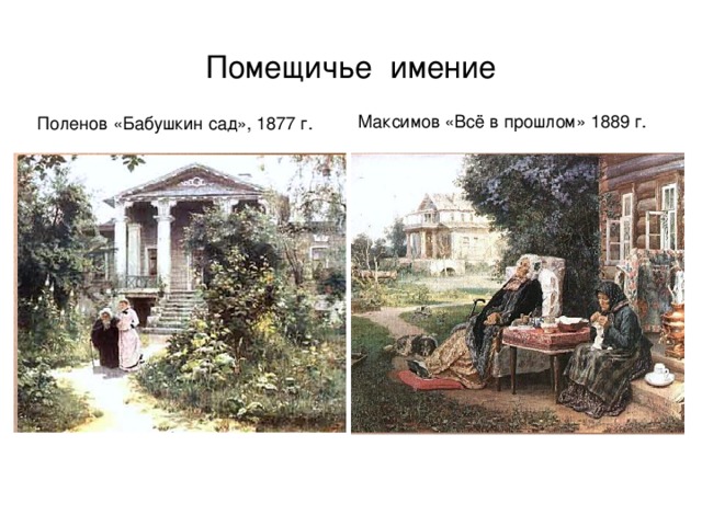 Поленов «Бабушкин сад», 1877 г. Максимов «Всё в прошлом» 1889 г. Помещичье имение