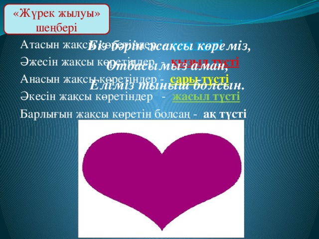 «Жүрек жылуы» шеңбері  Біз бәрін жақсы көреміз, Атасын жақсы көретіндер - көк түсті Отбасымыз аман, Әжесін жақсы көретіндер - қызыл түсті Еліміз тыныш болсын. Анасын жақсы көретіндер - сары түсті Әкесін жақсы көретіндер - жасыл түсті Барлығын жақсы көретін болсаң - ақ түсті