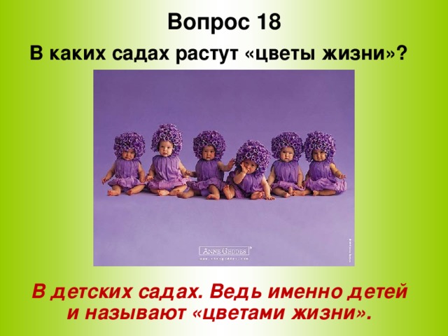 Вопрос 18 В каких садах растут «цветы жизни»?         В детских садах. Ведь именно детей и называют «цветами жизни».