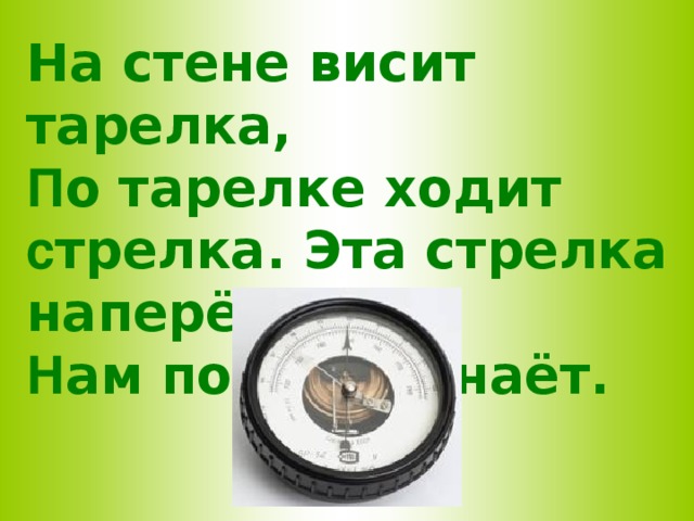 На стене висит тарелка, П о тарелке ходит с трелка. Эта стрелка наперёд Н ам погоду узнаёт.