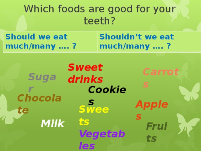 Which foods are good for your teeth? Should we eat much/many …. ? Shouldn’t we eat much/many …. ? Sweet drinks Carrots Sugar Cookies Chocolate Apples Sweets Milk Fruits Vegetables