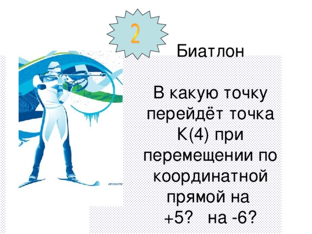 Биатлон   В какую точку перейдёт точка К(4) при перемещении по координатной прямой на  +5? на -6?