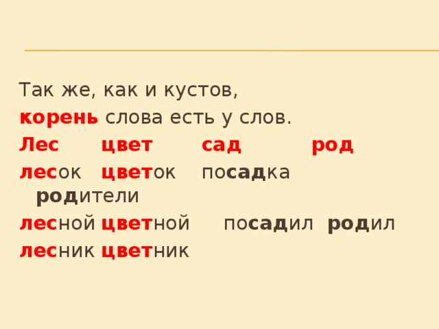 Так же, как и кустов,  корень слова есть у слов. Лес    цвет     сад   род лес ок  цвет ок  по сад ка   род ители лес ной  цвет ной  по сад ил   род ил лес ник  цвет ник