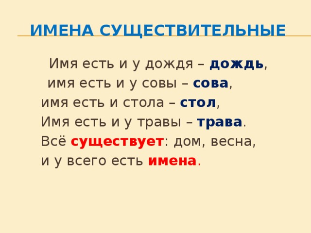 Имена существительные  Имя есть и у дождя –  дождь ,   имя есть и у совы –  сова ,   имя есть и стола – стол ,   Имя есть и у травы – трава .   Всё существует : дом, весна,   и у всего есть имена .