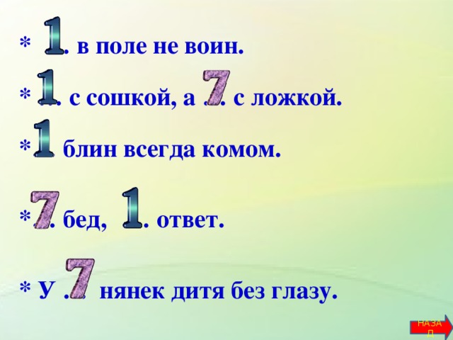 *  … в поле не воин.   * … с сошкой, а … с ложкой.   *… блин всегда комом.   *… бед, … ответ.   * У … нянек дитя без глазу.          НАЗАД