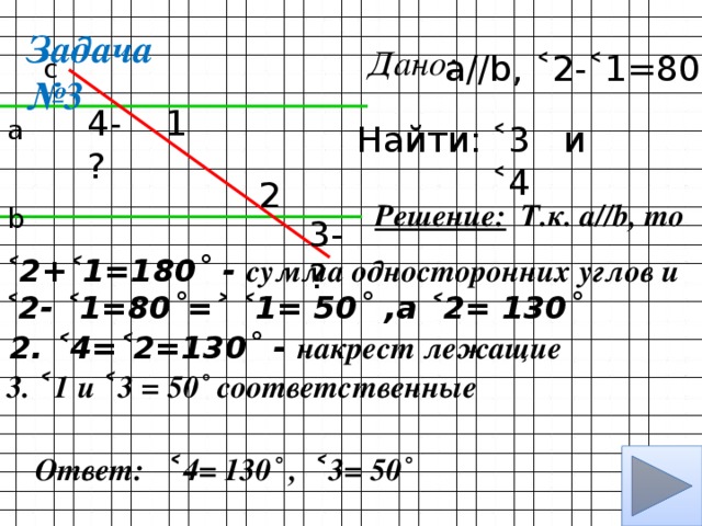 Задача №3 Дано: а//b, ˂2-˂1=80˚ с 1 4-? а ˂3 и ˂4 Найти: 2 Т.к. а//b, то Решение: b 3-? 1. ˂2+˂1=180˚ - сумма односторонних углов и  ˂2- ˂1=80˚=˃ ˂1= 50˚ ,а ˂2= 130˚ =˃ 2. ˂4=˂2=130˚ - накрест лежащие 3. ˂1 и ˂3 = 50˚ соответственные Ответ: ˂4= 130˚ , ˂3= 50˚