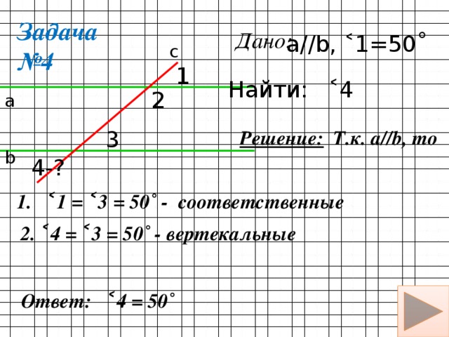 Задача №4 Дано: а//b, ˂1=50˚ с 1 Найти:  ˂4 2 а Т.к. а//b, то Решение: 3 b 4-? 1. ˂1 = ˂3 = 50˚ - соответственные 2. ˂4 = ˂3 = 50˚ - вертекальные Ответ: ˂4 = 50˚