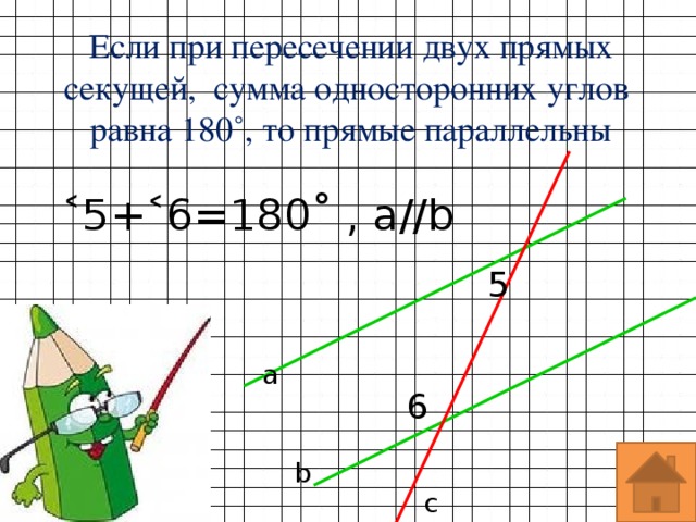 Если при пересечении двух прямых секущей, сумма односторонних углов равна 180˚, то прямые параллельны ˂5+˂6=180˚ , а//b 5 а 6 b с