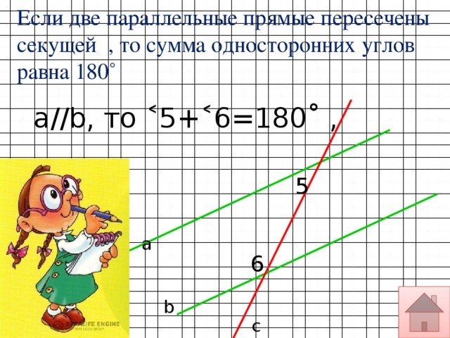 Если две параллельные прямые пересечены секущей , то сумма односторонних углов равна 180˚ а//b, то ˂5+˂6=180˚ , 5 а 6 b с