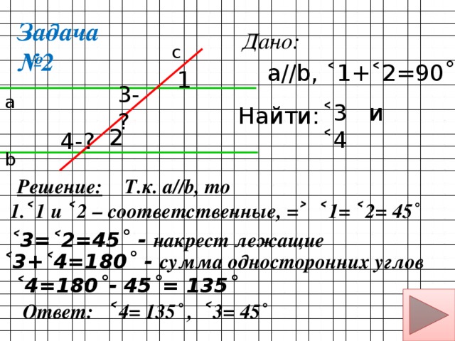 Задача №2 Дано: с а//b, ˂1+˂2=90˚ 1 3-? а ˂3 и ˂4 Найти: 2 4-? b Т.к. а//b, то Решение: 1.˂1 и ˂2 – соответственные, =˃ ˂1= ˂2= 45˚ 2. ˂3=˂2=45˚ - накрест лежащие 3. ˂3+˂4=180˚ - сумма односторонних углов =˃ ˂4=180˚- 45˚= 135˚ Ответ: ˂4= 135˚ , ˂3= 45˚