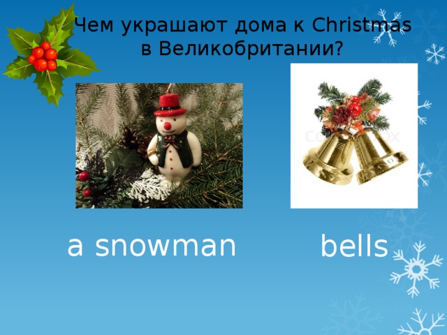Чем украшают дома к Christmas в Великобритании? a snowman bells