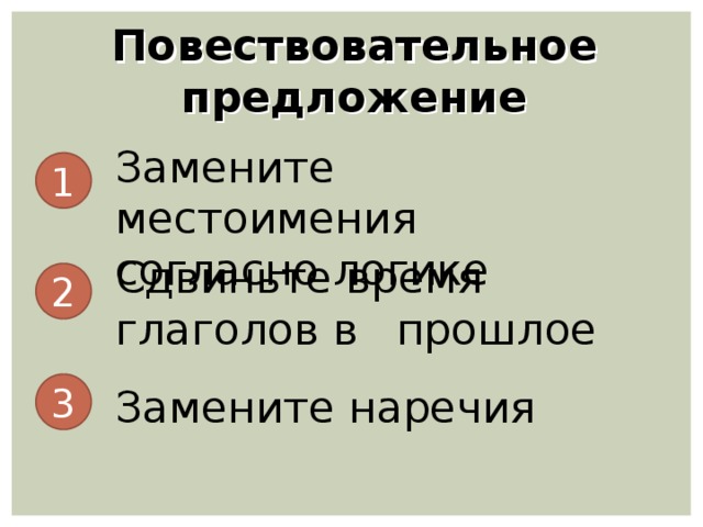 Повествовательное предложение Замените местоимения  согласно логике 1 Сдвиньте время глаголов в  прошлое 2 3 Замените наречия