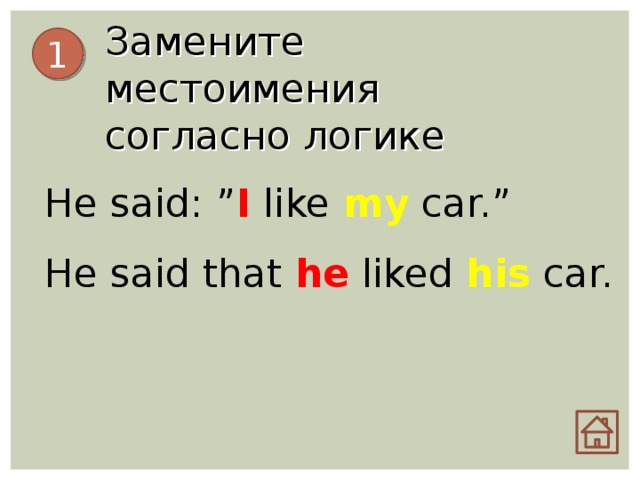 Замените местоимения  согласно логике 1 He said: ” I like my car.” He said that he liked his car.