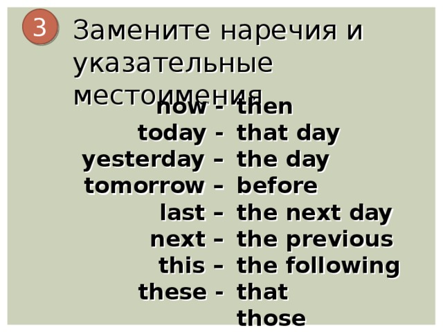 3 Замените наречия и указательные местоимения now - then today - that day yesterday – the day before tomorrow – the next day last – the previous next – the following that this – these - those