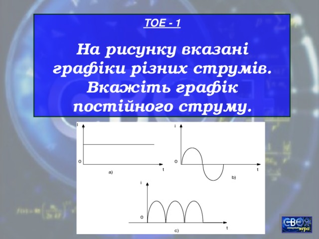 ТОЕ - 1 На рисунку вказані графіки різних струмів. Вкажіть графік постійного струму .