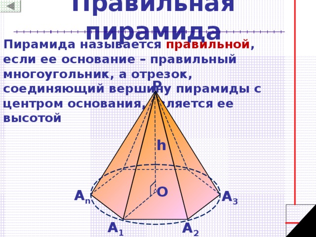 Правильная пирамида Пирамида называется правильной , если ее основание – правильный многоугольник, а отрезок, соединяющий вершину пирамиды с центром основания, является ее высотой P h O А n А 3 А 1 А 2