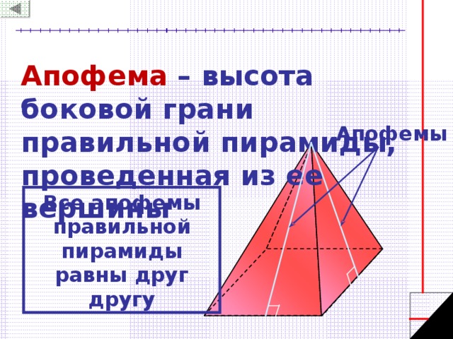 Апофема  – высота боковой грани правильной пирамиды, проведенная из ее вершины Апофемы Все апофемы правильной пирамиды равны друг другу