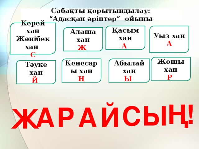 Сабақты қорытындылау: “ Адасқан әріптер” ойыны Керей хан Жәнібек хан С Қасым хан Уыз хан А А Алаша хан Ж Жошы хан Р Кенесары хан Абылай хан Ы Ң Тәуке хан Й Ң ! Ы С А Й А Р Ж