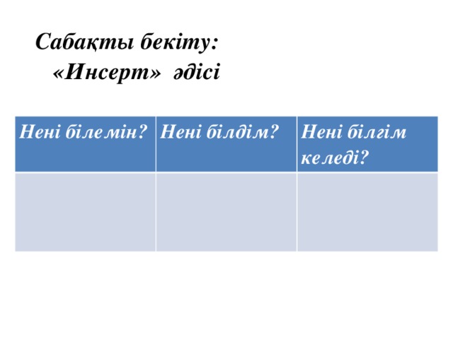 Сабақты бекіту:   «Инсерт» әдісі Нені білемін? Нені білдім? Нені білгім келеді?