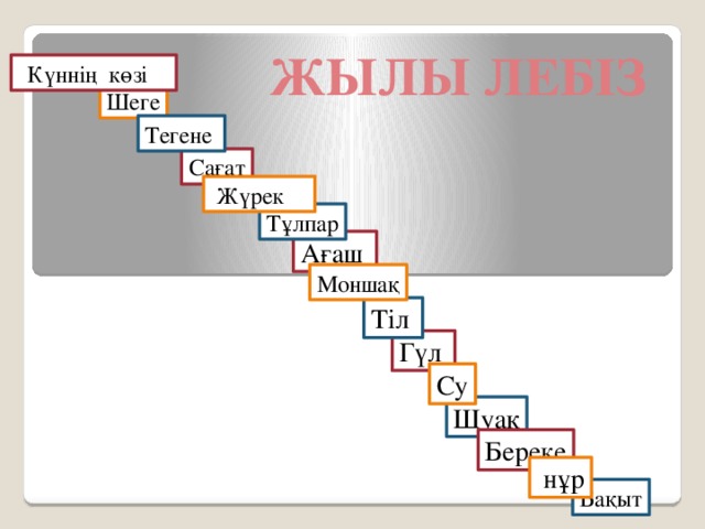 ЖЫЛЫ ЛЕБІЗ Күннің көзі Шеге Тегене Сағат  Жүрек Тұлпар Ағаш Моншақ Тіл Гүл Су Шуақ Береке  нұр Бақыт