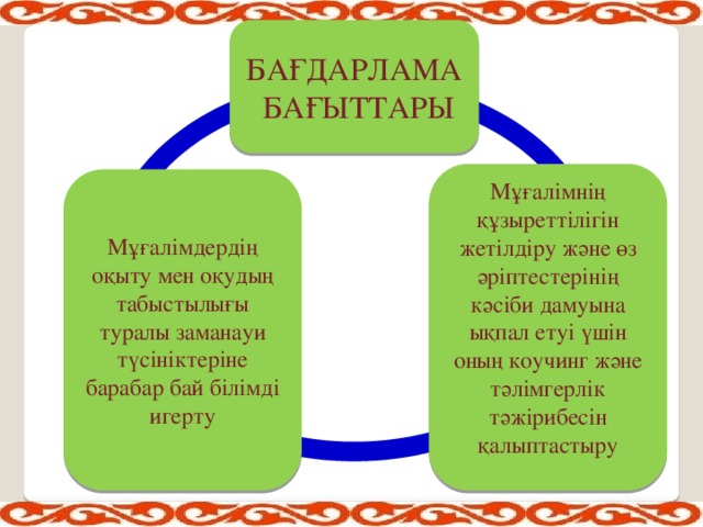 БАҒДАРЛАМА  БАҒЫТТАРЫ Мұғалімнің құзыреттілігін жетілдіру және өз әріптестерінің кәсіби дамуына ықпал етуі үшін оның коучинг және тәлімгерлік тәжірибесін қалыптастыру Мұғалімдердің оқыту мен оқудың табыстылығы туралы заманауи түсініктеріне барабар бай білімді игерту