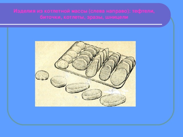 Изделия из котлетной массы (слева направо): тефтели, биточки, котлеты, зразы, шницели